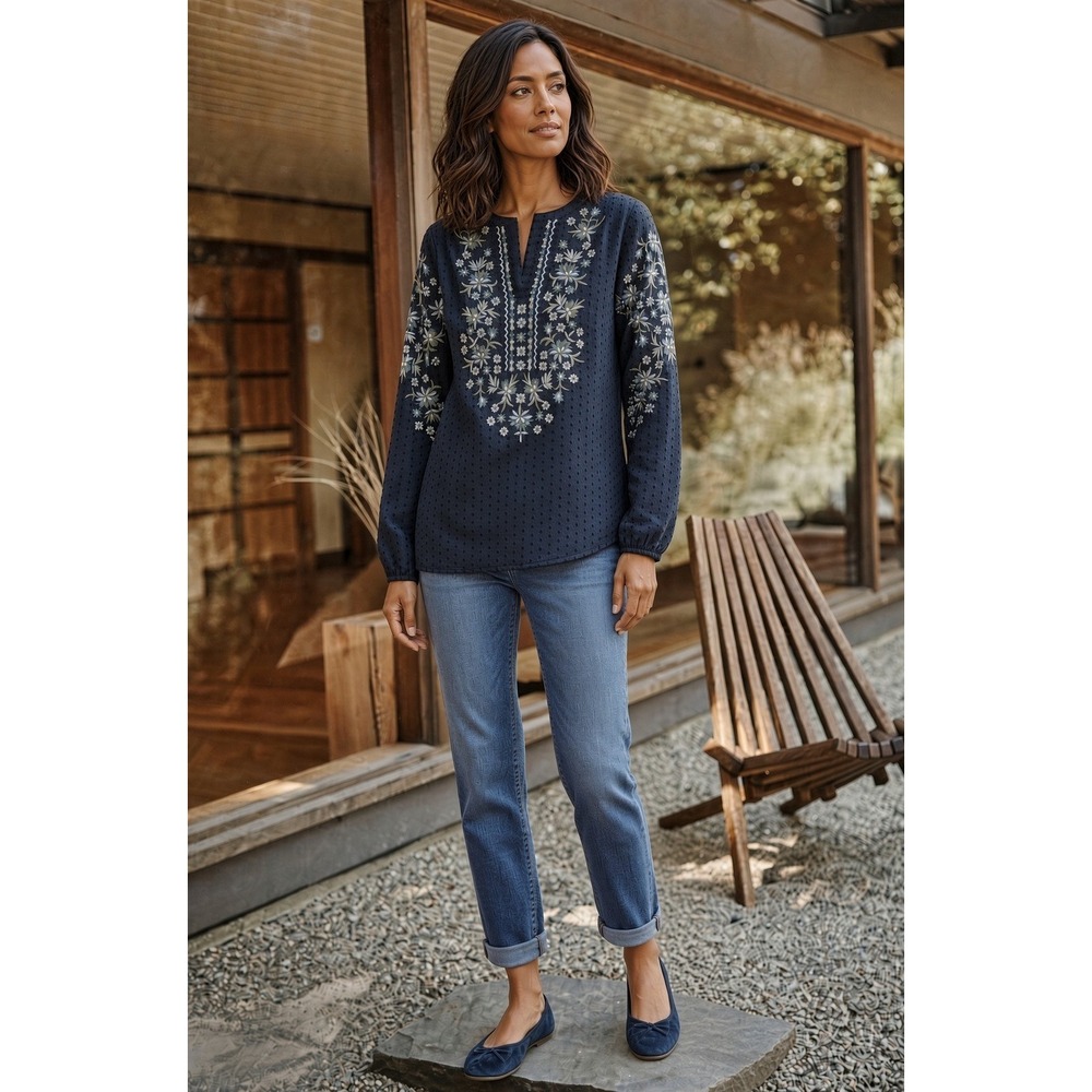 J. Jill Navy Blue Embroidered Clip Dot Split Neck Blouse Top Petite Medium